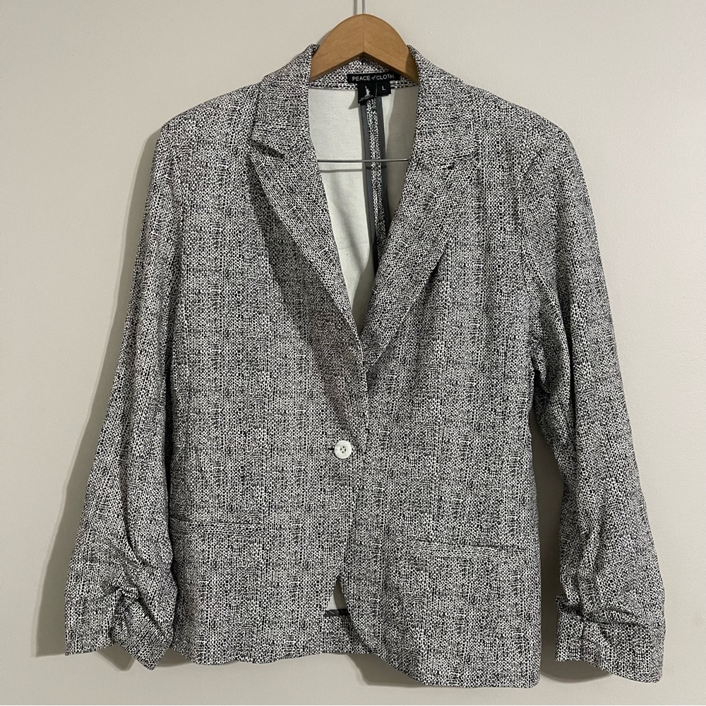 Peace of Cloth One Button Closure Ruched 3/4 Sleeve Welted Pockets jacket large